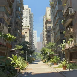 hyperdetailed digital paint by liam wong, brutalist city. pedestrian view. plants. sunny day.