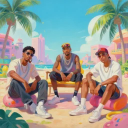 beautiful painting of hiphop solarpunk summertime chill, by eddie mendoza, ching yeh, etienne hebinger, jef wu. trending on artstation, 8 k, masterpiece, fine detail, intricate detail, golden ratio illustration, face enhance