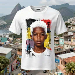 t - shirt mockup, 3 d, hyper - realistic, basquiat style print, black boy white hair, rio de janeiro favela