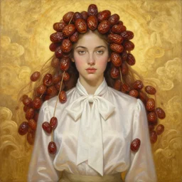 epic painting portrait photography beautiful goddess wearing white bow - tie neck silk blouse with golden glow background, drawing, intricate, sweet dried date fruits, symmetrical front, by amy leibowitz, wlop, jeremy lipkin, beeple, intricate, artgerm, ilya kuvshinov, golden clouds background, centered
