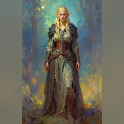 surreal full body portrait of an female elf mage in tattered robes of cloth and leather, oil painting, digital artwork, artstation, poster style, luminous colors and hues, octane render, 4 k