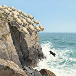 forty five white sheep running fast in the direction of a cliff made of jagged rock and we can see them falling like lemmings down the rocks below to the sea and facing the crashing white waves, there is one single black sheep going against the crowd, clear blue skies, old colored sketching, lateral sideways panoramic shot