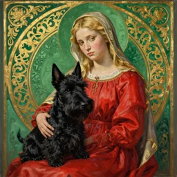 blonde madonna in a red dress. a completely black scottish terrier on her lap. green with a gold filigree background. art nouveau. masterful, detailed oil on canvas