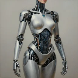 ultra realistic painting of half woman half robot in mechanical style. highly detailed. elegant, centered, fine details