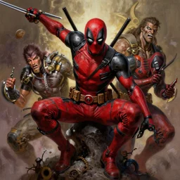 spawn, ( ( ( ( ( deadpool ) ) ) ) ), digital painting masterpiece by frank frazetta and kim jung gi and mœbius and mike mignola, 4 k wallpaper, highly detailed, intricate brush strokes