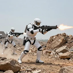 action photography, fast paced, imperial commando troopers traversing through rough terrain, blaster fire bright as neon, huge explosions, total chaos, sci fi alien world, 2 d digital, concept art, photoshopped, trending on artstation, star wars, hd, 8 k, hyperrealist, detailed picture, breathtaking, arnold render, unreal engine 5, award winning