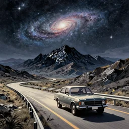 a car driving down a highway, obsidian mountains in the background with a galaxy in the sky, retrofuturistic vintage illustration, by dave mckean
