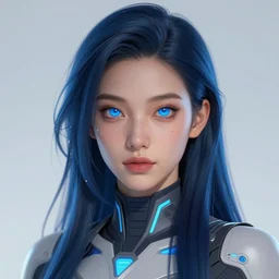 a woman with a futuristic look and blue eyes, a character portrait by senior character artist, trending on cgsociety, digital art, artstation hd, artstation hq, polycount
