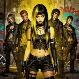 highly detailed portrait of a sewer punk young lady by atey ghailan, james gilleard, by joe fenton, by greg rutkowski, by greg tocchini, by kaethe butcher, 4 k resolution, gradient yellow, black, brown and cyan color scheme, grunge aesthetic!!! ( ( dystopian graffiti tag wall in background ) )
