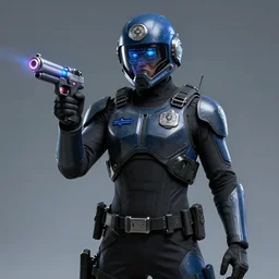 futuristic police agent in a helmet with a display for a face, an armored kevlar suit and a laser pistol ready in hand, artstation, photorealistic, 8k, concept art