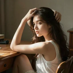 girl with elbow on a desk and hands dragging back hair on the head sitting on a chair