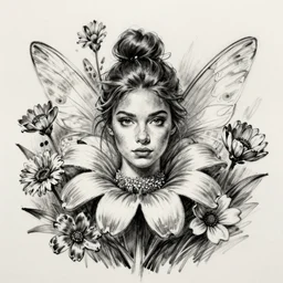 a flower fairy surrounded by flowers, charcoal drawing, black and white, ink and paper, portrait, trending on artstation, behance, deviantart, drawn by tom lovell, artgerm, jsc, j. scott campbell