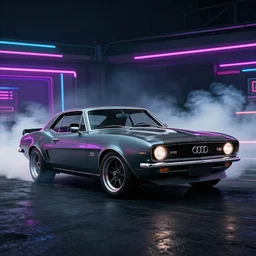 audi camaro b 1 ( 1 9 6 9 ) drifting, need for speed : carbon, neon lines, phonk music background, smoke behind wheels, noise, dark, establishing shot