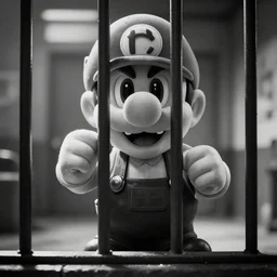 Waluigi as a prison inmate behind bars, cinematic lighting, black and white