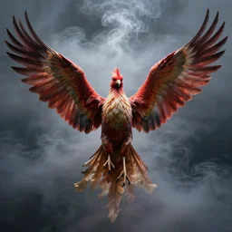 a full framed phoenix bird in front of a shroud of smoke facing forward, rising slowly, 4 k, octane rendered