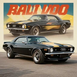 black audi camaro b 1 ( 1 9 6 7 ) with a livery, retro poster, establishing shot