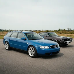 A car combination of a Denim Blue Audi A4 B6 Avant (2002) and a Chevrolet Camaro (1969), wider shot