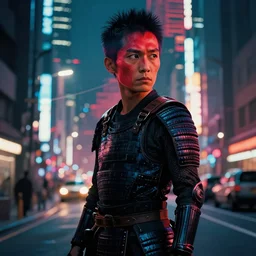 4 k remaster extremely detailed cinematic movie still from blade runner 2 0 4 9 of a japan warrior in the street, megabuildings, face by artgerm, cyber noir, bokeh, denis villeneuve, rich colors, night, road