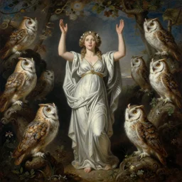 a painting of owls singing nightmares with astarte in the middle, by saturno butto, by austin osman spare, detailed oil painting, baroque, symmetrical composition