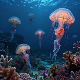 nightmares of the deepest oceans by zdzisław beksinski, bioluminescent, coral reef, exotic technicolor jellyfish, ai biodiversity, ernst haeckel, photorealistic ultrasharp hyperdetailed octane render