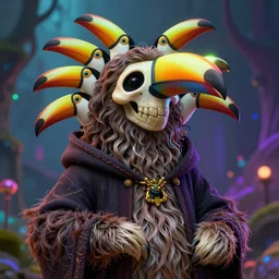 realistic bipedal sloth character, long curly fur, full skull shaped face cover, mage robe based on a toucan, 6 toucan beaks, in the style of h. r. giger, stylized, video animation, hogwarts legacy, chromatic aberration, super natural, neon glow