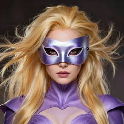 character concept portrait, symmetrical head - on centralized, dinah drake, mask, blond, lilac costume. detailed, high quality, dynamic lighting, fantasy. artwork by artgerm, wlop, alex ross, greg rutknowski, alphonse mucha