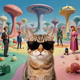 colour portrait masterpiece photography of a cat wearing sunglasses by annie leibovitz, ultrawide angle, moebius, josh kirby, weird epic complex biomorphic 3 d fractal landscape in background by roger dean and syd mead and killian eng and james jean and giger and beksinski, greg hildebrandt, 8 k