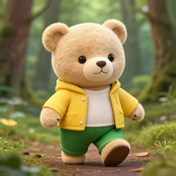 a photo of a cute and happy teddy bear, with green pants and yellow jacket, enjoying a stroll in the forest, telephoto, 5d mk2