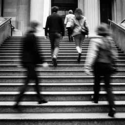 multiple people walking up a stair in a city by richard avedon. black and white. ilford delta. long exposure, extreme motion blur. film grain. contrast. fine art photography.