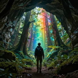 a man in the cave going towards rainbow forest,glowing, 8k ,realistic