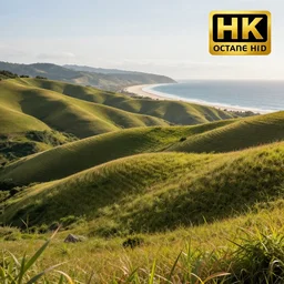 rolling hills with a beach in the background , highly detailed, 4k, HDR, award-winning, octane render, artstation
