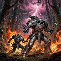 composition gothic and futuristic in forest, action with run and fight, warhammer, cyber japan armor, more scars, fire storm, pink thunderstorm, the middle ages, highly detailed, artstation, moebius, jugendstil and classic japanese print, art rene magritte and robert mccall