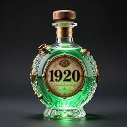 product photo of a spherical luxury decorated steampunk crystal liquor bottle filled with green glowing liquid, label is retro 1 9 2 0, studio light
