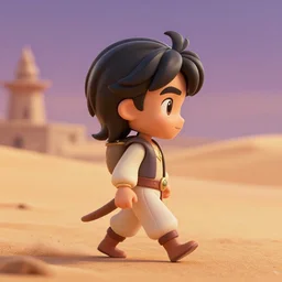 a profile view of young aladdin as nendoroid walking in a desert in the croods movie style, anime, disney, pixar, 8 k, hd, dof, kodak film, volumetric lighting, subsurface scattering, photorealistic, octane render, details