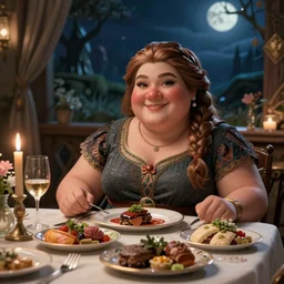 an elegant chubby dwarven woman before a beautiful dinning table with delicous food, dnd dragon age warcraft, night time, cozy, big nose, plump figure, neat braided hair, cheerful atmosphere, intricate, by greg staples and elsa beskow