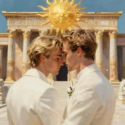 a cinematic beautiful close up portrait of two male lovers, back male, white blonde male, white clothes, temple of the sun, wedding photography, film, elegant, digital painting, artstation, concept art, illustration, art masterpiece by art by krenz cushart, artem demura, alphonse mucha, yoji shinkawa, artgerm, jon lothian, danilo torres, adi meyers, thomas reimann, gaston bussiere