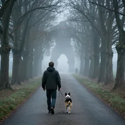 realistic environment, a man and his dog walk down a foggy tree-lined lane, in the distance they see two red glowing eyes and the outline of a hulking monster