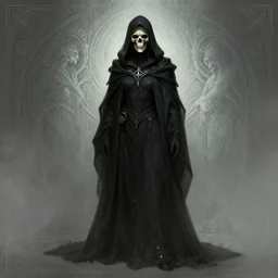 neceomancer with a skull face, full body shot, hood, d & d, dark, fantasy, ethereal background, intricate, elegant, highly detailed, digital painting, artstation, concept art, matte, sharp focus, illustration, hearthstone, art by artgerm and greg rutkowski and alphonse mucha