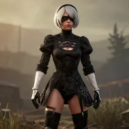 Film still of 2B nier automata in Red Dead Redemption 2 (2018 video game), medium full shot, detailed skin and thick thighs, artstation, artstation hq, hd, 4k
