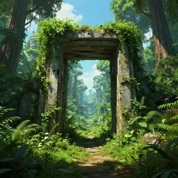 overgrown derelict portal in a middle of a lush futuristic forest, green lush world seen only through a portal, daylight, cinematic lighting, blue sky, syd mead, john harris