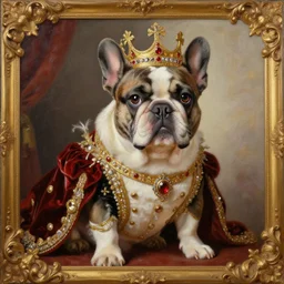 the royal king's royal french bulldog portrait by greg hildebrant fancy royal baroque regal puppy oil painting high quality award winning clothed in fancy garb