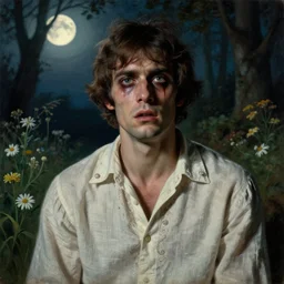 a handsome but creepy man in layers of fear, with haunted eyes, violence in his eyes, wearing a linen shirt, 1 9 7 0 s, seventies, delicate embellishments, a little blood, woodland, moonlight shining on wildflowers, painterly, offset printing technique, by alexandre cabanel