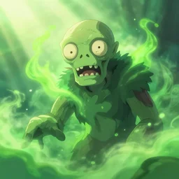 closeup poisoned magic zombie - spirit surrounded by green poison cloud, in a gentle green dawn light, clean cel shaded vector art, studio ghibli painting, eyvind earle, cinematic lighting, volumetric lighting, smooth, sharp focus, highly detailed, render in unreal engine 5, artstation, deviantart, behance, trending, epic composition, octane, light rays, award - winning