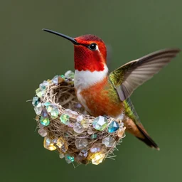 a medium shot of a small red flaming hummingbird nesting in a nest of glowing rainbow crystal.