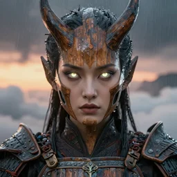 symmetry! closeup biblical diabolical beautiful female valkyree! samurai cyborg!! slick wooden armor, heavy eyes to the side, closeup, bright glowing eyes, in clouds, rain, sunset, portrait, by gerald brom, by mikhail vrubel, by peter elson, muted colors, extreme detail, mirrors, trending on artstation, 8 k