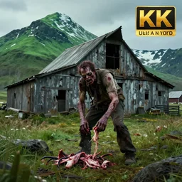 a zombie feasting on flesh outside a worn down barn, fantasy artwork, nordic scenery, snowy green mountain, hd, hdr, ue 5, ue 6, unreal engine 5, cinematic 4 k wallpaper, 8 k, ultra detailed, high resolution, artstation, award winning