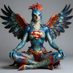 a portrait photograph of a meditating fierce sadie sink as a colorful harpy hawk super hero with blue spotted skin with scales. her body is transforming into a alien amphibian. by donato giancola, hans holbein, walton ford, gaston bussiere, peter mohrbacher and brian froud. 8 k, cgsociety, fashion editorial