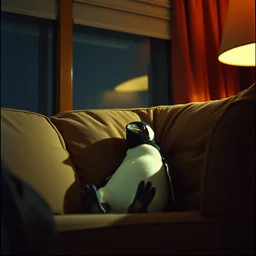 vhs tape, a penguin in couch, night, cinestill 8 0 0 t, hyper realistic, film grain, cinema filter, directed by tim burton