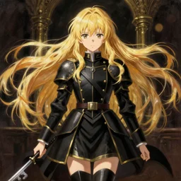 stunning baroque oil painting japanese light novel cover full body illustration lotr anime key visual action shot | young girl black military crusader maid with long flowing blonde hair | symmetrical perfect face fine detail delicate features quiet gaze | gapmoe kuudere moody dynamic lighting bokeh | pixiv fanbox | greg rutkowski makoto shinkai takashi takeuchi studio ghibli