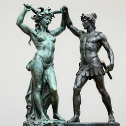 full body bronze sculpture of medusa and perseus screaming at each other, neo - classical style, medusa in a dress, perseus armored, sharp facial features, angry, professional photography, dynamic and dominating